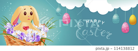 Horizontal banner Happy Easter. Cute bunny in a basket with snowdrops, clouds, colorful eggs. Vector illustration. 114138812