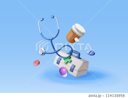 3d first aid kit with stethoscope, pill container 114138956
