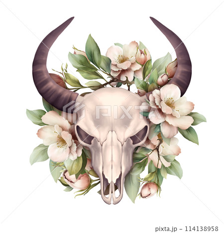 Bohemian bull skull. Western bull with flowers. Isolated on white. Boho skull style. Hand drawn illustration 114138958