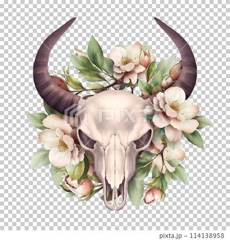 Bohemian bull skull. Western bull with flowers. Isolated on white. Boho skull style. Hand drawn illustration 114138958