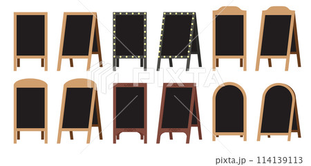 Set of street sandwich empty stands black menu boards. Welcome wooden stands signs with black side. Vector collection. 114139113