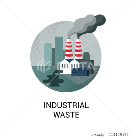 Industrial waste circle vector illustration. Factory drains poisonous waste into the water. Smoke from factory pipes. Air pollution. 114139122