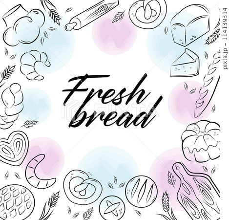 Fresh bread. Bakery house frame. Menu. Traditional style. Bread, baguette, croissant, bun, pie. Vector Square compositionc. 114139314