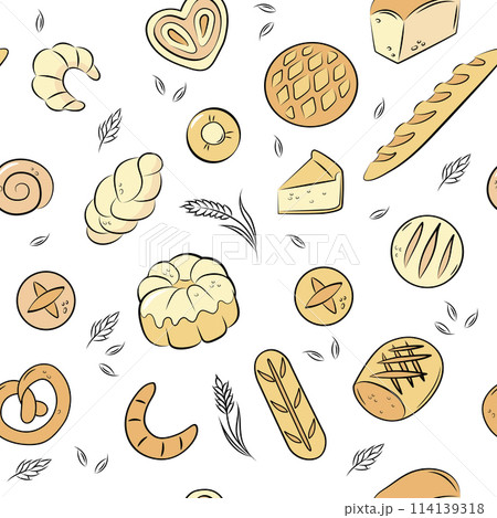 Color bakery, bread, croissant, bun, pie, ears of wheat. Vector seamless pattern of doodle icons on white background. 114139318