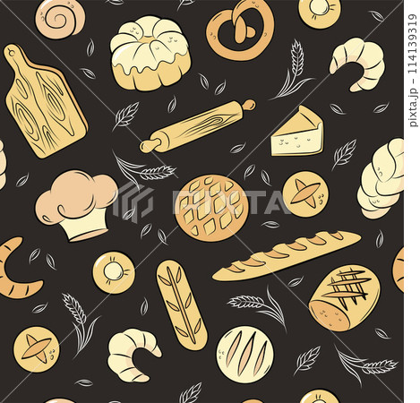 Bread dark background. Bakery seamless pattern. Croissant, bun, pie, rolling pin. 114139319