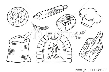 Bakery. Stove with a burning flame, chef's hat, rolling pin, cutting board, fresh bread. Set of vector doodle elements on a white background. Bakery. Stove with a burning flame, chef's hat, rolling pin, cutting board, fresh bread. Set of vector doodle elements on a white background. 114139320