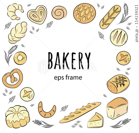 Bakery, bread, croissant, bun, pie. Vector square round frame. Copy space. Bakery, bread, croissant, bun, pie. Vector square round frame. Copy space. 114139321