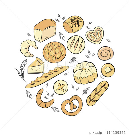 Bakery, bread, baguette, croissant, bun, pie. Vector round composition. 114139323