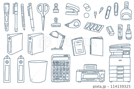 オフィス用品の文房具の手描き線画イラストセット オフィス用品の文房具の手描き線画イラストセット 114139325