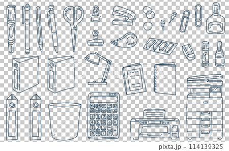 オフィス用品の文房具の手描き線画イラストセット オフィス用品の文房具の手描き線画イラストセット 114139325