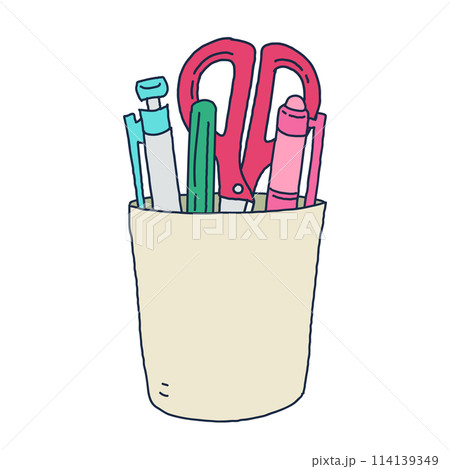 ペン立てに入った筆記用具とハサミのイラスト 114139349