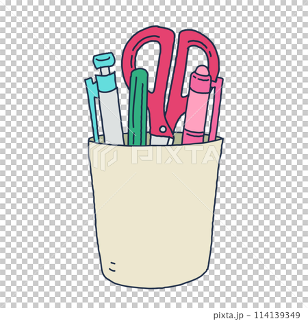 ペン立てに入った筆記用具とハサミのイラスト 114139349