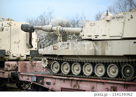 "American M109A6 Paladins Artillery Moving Through Bulgaria to Ukraine "American M109A6 Paladins Artillery Moving Through Bulgaria to Ukraine 114139362