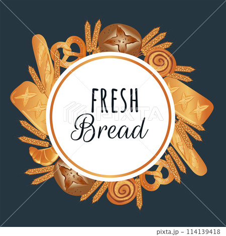 Round frame with ears of corn and bread. Vector illustration on a white background. 114139418