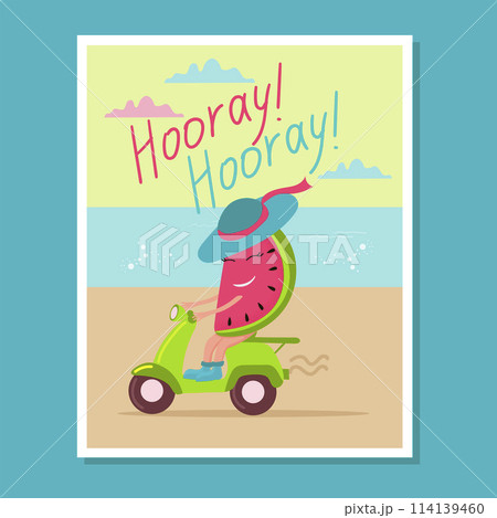 Vintage summer poster. Funny watermelon rides a scooter along the sea coast. For children's room design, food and beverage packaging. Vintage summer poster. Funny watermelon rides a scooter along the sea coast. For children's room design, food and beverage packaging. 114139460