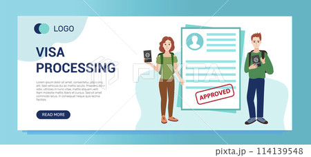 Visa processing banner template. The form of an approved visa. Happy people keep a foreign passport. Students will study in another country. Visa processing banner template. The form of an approved visa. Happy people keep a foreign passport. Students will study in another country. 114139548