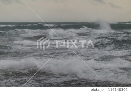 View of a stormy seascape of waves and the Black Sea 114140302