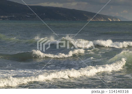 View of a stormy seascape of waves and the Black Sea 114140316