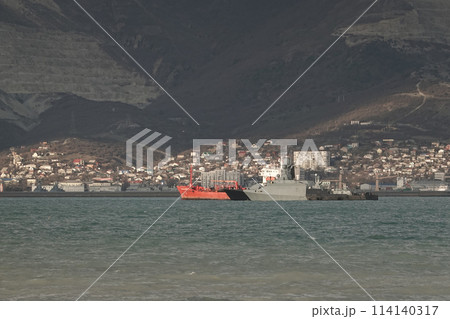 Novorossiysk, Russia - 22 August 2023 Military warship, Russian Navy 114140317