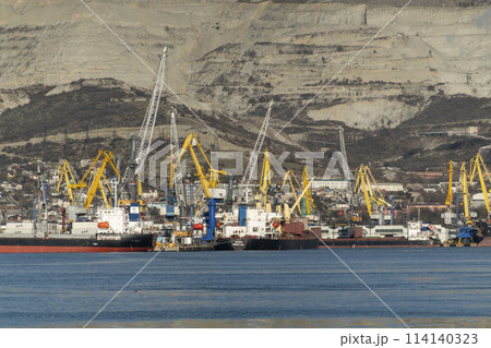 Novorossiysk, Russia 08.18.2023. Port cranes, Black Sea, port, Krasnodar Territory, Novorossiys Novorossiysk, Russia 08.18.2023. Port cranes, Black Sea, port, Krasnodar Territory, Novorossiys 114140323