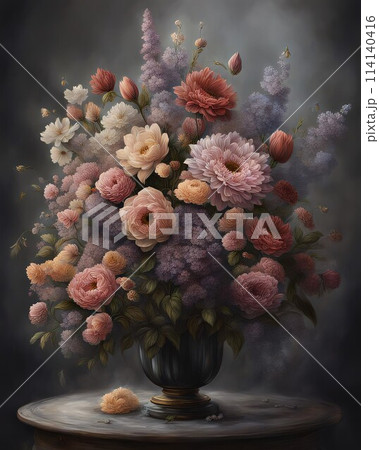Moody flower bouquet set against a dark background with each bloom adding to the overall beauty and charm of the bouquet, Generative AI. 114140416