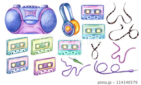 Set of Music accessories. Boombox player, audio cassettes, wires and headphones. Tape recorder, Earpieces for listening to music. Retro 90s, 2000s style. Watercolor illustration for nostalgia design 114140579