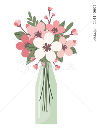 Glass vase or bottle with blossom sakura flower isolated on white background 114140605