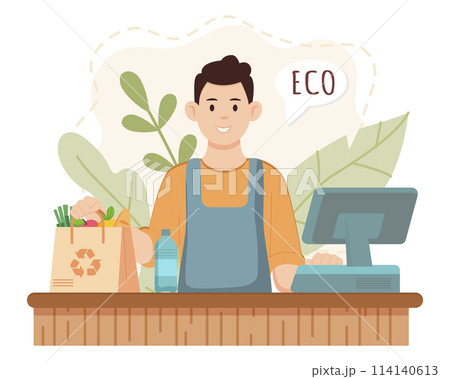 Eco green store cashier. Man giving eco friendly bag. Isolated on white background Eco green store cashier. Man giving eco friendly bag. Isolated on white background 114140613