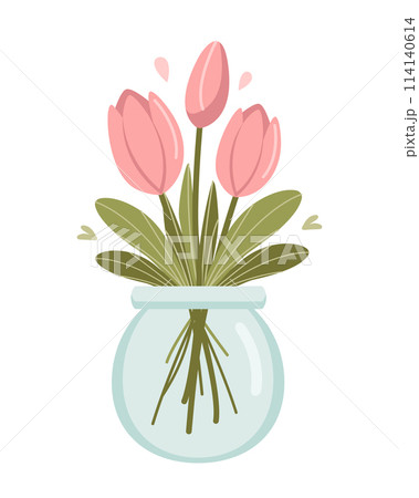 Pink tulips in a glass vase isolated on white background. Spring bouquet. Vector illustration. Flat cute style. Pink tulips in a glass vase isolated on white background. Spring bouquet. Vector illustration. Flat cute style. 114140614