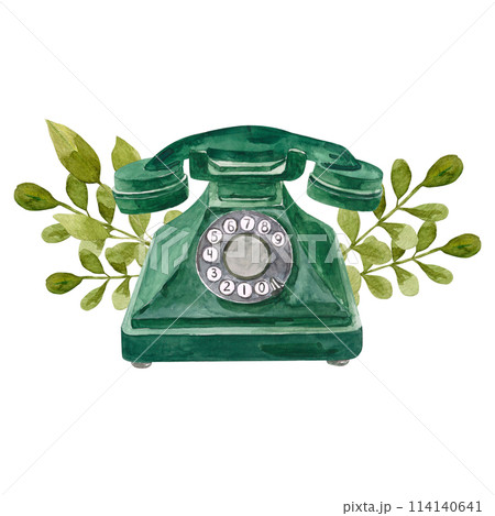 Watercolor composition of a retro telephone with a wire and decorative green branches, drawn by hand. Classic vintage telephone Watercolor composition of a retro telephone with a wire and decorative green branches, drawn by hand. Classic vintage telephone 114140641