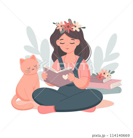 Girl student sitting with opened book with red cat. 114140669