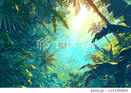 Illustration of a wild tropical jungle in muted green colors, , bright sun rays penetrating through palm trees and plants 114140869