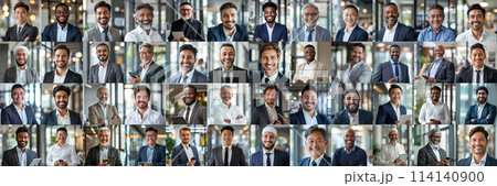 Mosaic collage of male businessmen of multiethnic face and different ages , portraits of successful men smiling at the camera 114140900