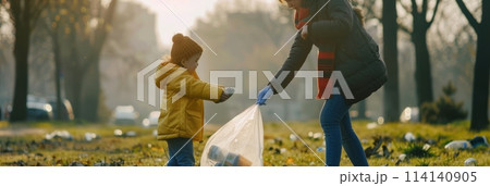 Mom and child collect garbage in the park, caring for nature and the environment since childhood, banner 114140905