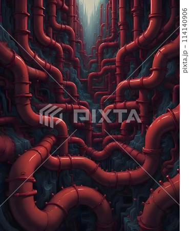 Red pipes connected staying very close and thick creating a huge pipeline, Generative AI. 114140906
