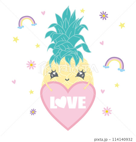 Cute cartoon character Pineapple with a heart and the inscription love you. 114140932