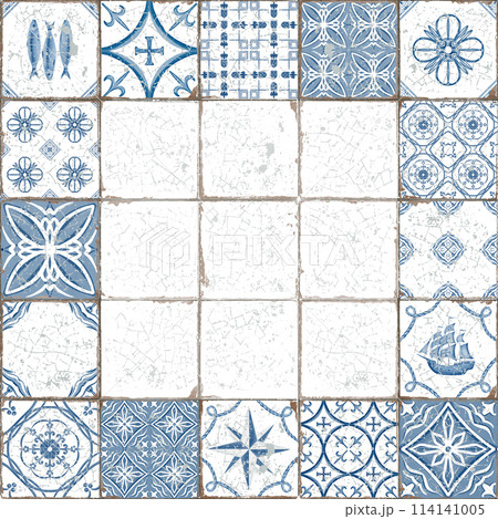 Mediterranean style ceramic tiles with cracked and scuffed seams with Portuguese symbols in square frame. Isolated on white background watercolor illustration with empty space in the center Mediterranean style ceramic tiles with cracked and scuffed seams with Portuguese symbols in square frame. Isolated on white background watercolor illustration with empty space in the center 114141005