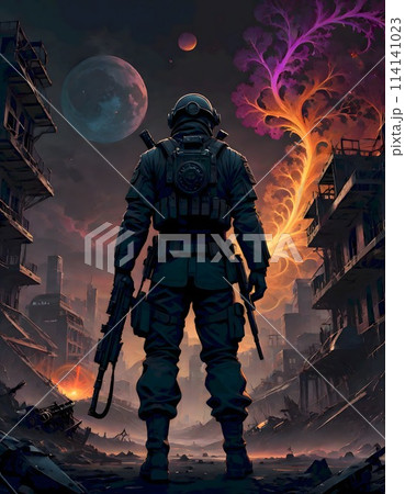 Lone astronaut in a dystopian, devastated city stands facing the ruins under a red moon, generated with AI. 114141023
