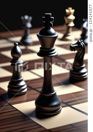 Strategic chess game showcases chessboard with various pieces arranged for game. 114141077