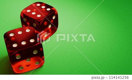 Gambling game banner. Two red dice on the green table. 3d render. Gambling game banner. Two red dice on the green table. 3d render. 114141256