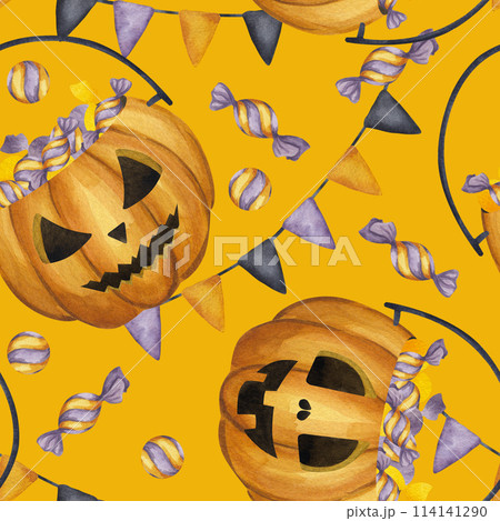Halloween seamless pattern Jack o Lantern, carved orange pumpkin sweet candy, garland flags. Cartoon clipart. Hand drawn watercolor illustration orange background. For textile design, wrapping paper Halloween seamless pattern Jack o Lantern, carved orange pumpkin sweet candy, garland flags. Cartoon clipart. Hand drawn watercolor illustration orange background. For textile design, wrapping paper 114141290