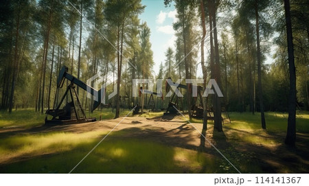 Oil rig in forest. Fir trees and oil pumps. Generative AI 114141367