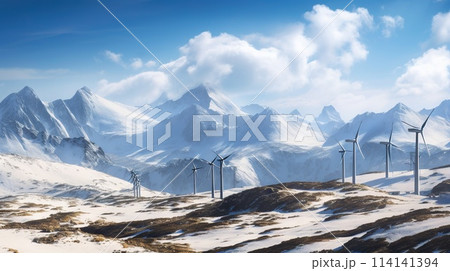 Power generating Windmills in Mountains. Green energy. Generative AI 114141394