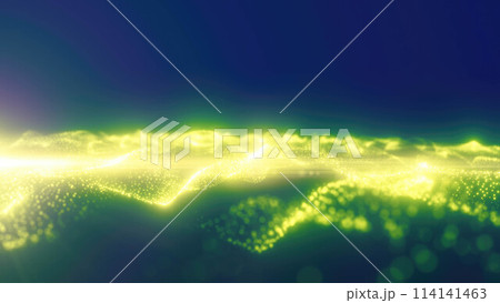 Green energy glowing magic waves high tech digital iridescent with light rays lines and bokeh energy particles. Abstract background 114141463