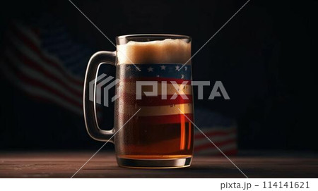 A glass of beer and an abstract star and striped USA state flag. AI generated A glass of beer and an abstract star and striped USA state flag. AI generated 114141621