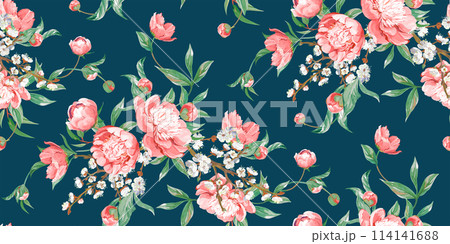 Seamless realistic pattern drawn with pink peonies in a classic oriental style 114141688