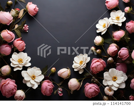 Beautiful flowers on black background, flat lay. Space for text 114141700