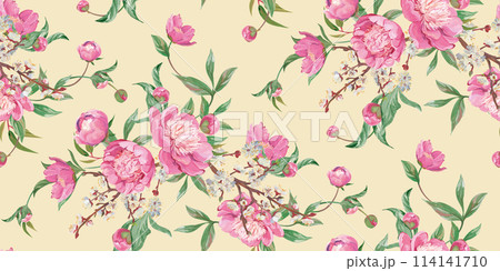 Seamless realistic pattern drawn with pink peonies in a classic oriental style 114141710