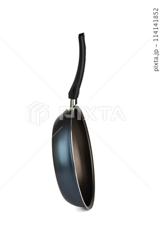 Side view of new skillet with black handle isolated on white background. Side view of new skillet with black handle isolated on white background. 114141852