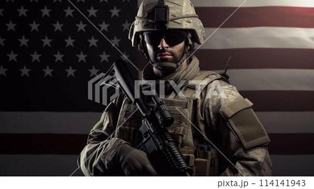 Military male US Army Marine on the background of the abstract Stars and Stripes US State Flag. AI generated 114141943